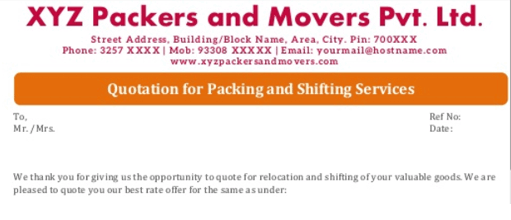 Packers and Movers Quotation Format